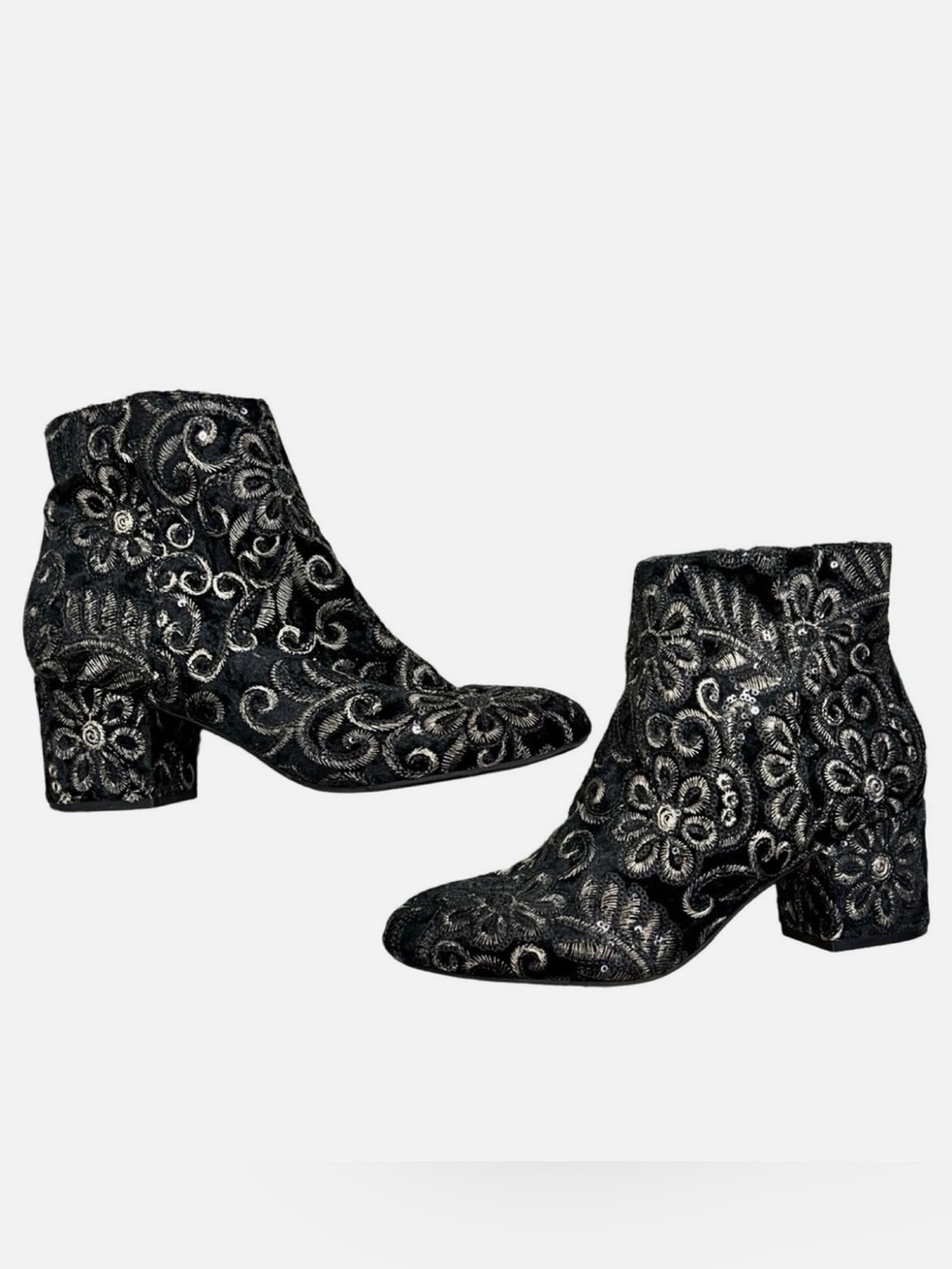 Aldo Black Ankle Boots with Silver Embroidered Floral Design